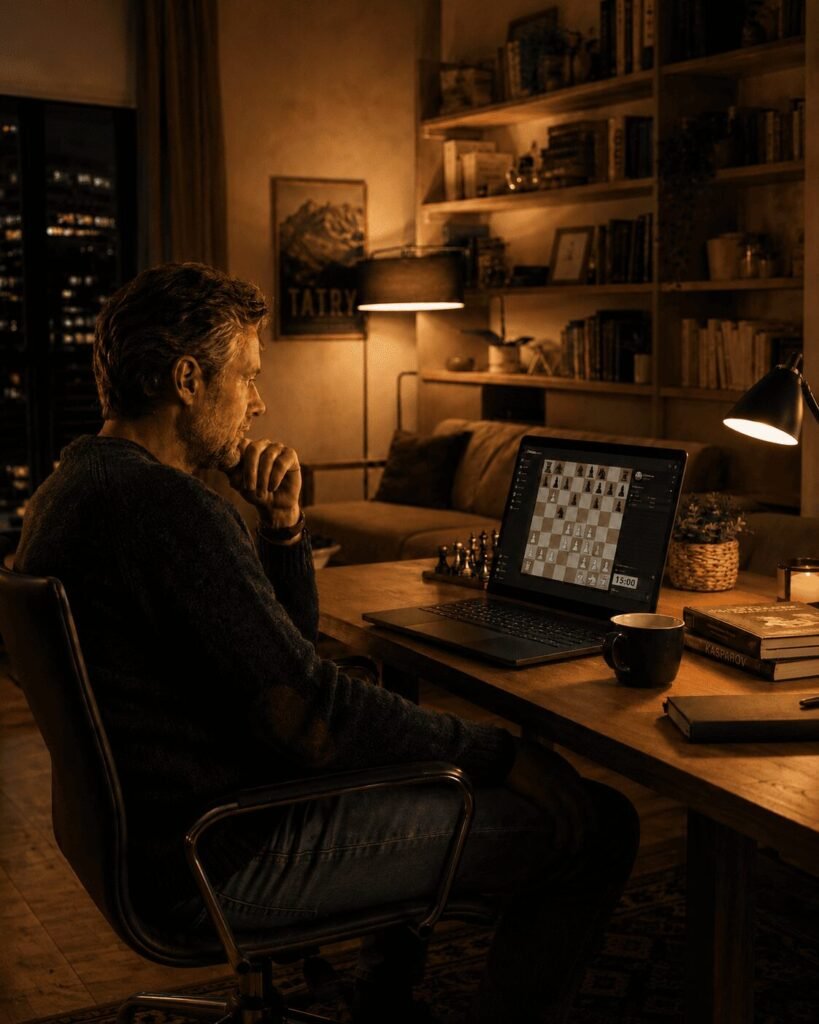 Adult player enjoying a competitive game at home in the evening.