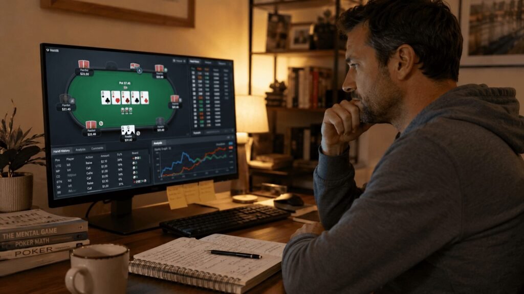Adult poker player reviewing an online poker hand at home.