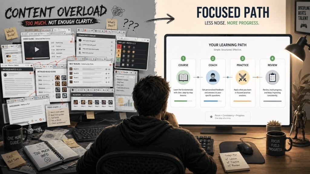Content overload compared with a clear learning path for competitive games.