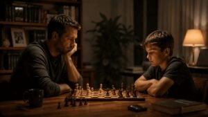 Father and child enjoying a strategic game together at home.