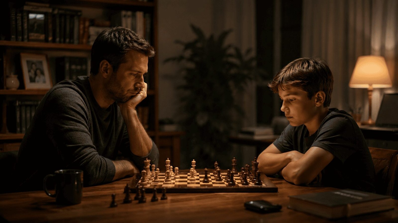 Father and child enjoying a strategic game together at home.